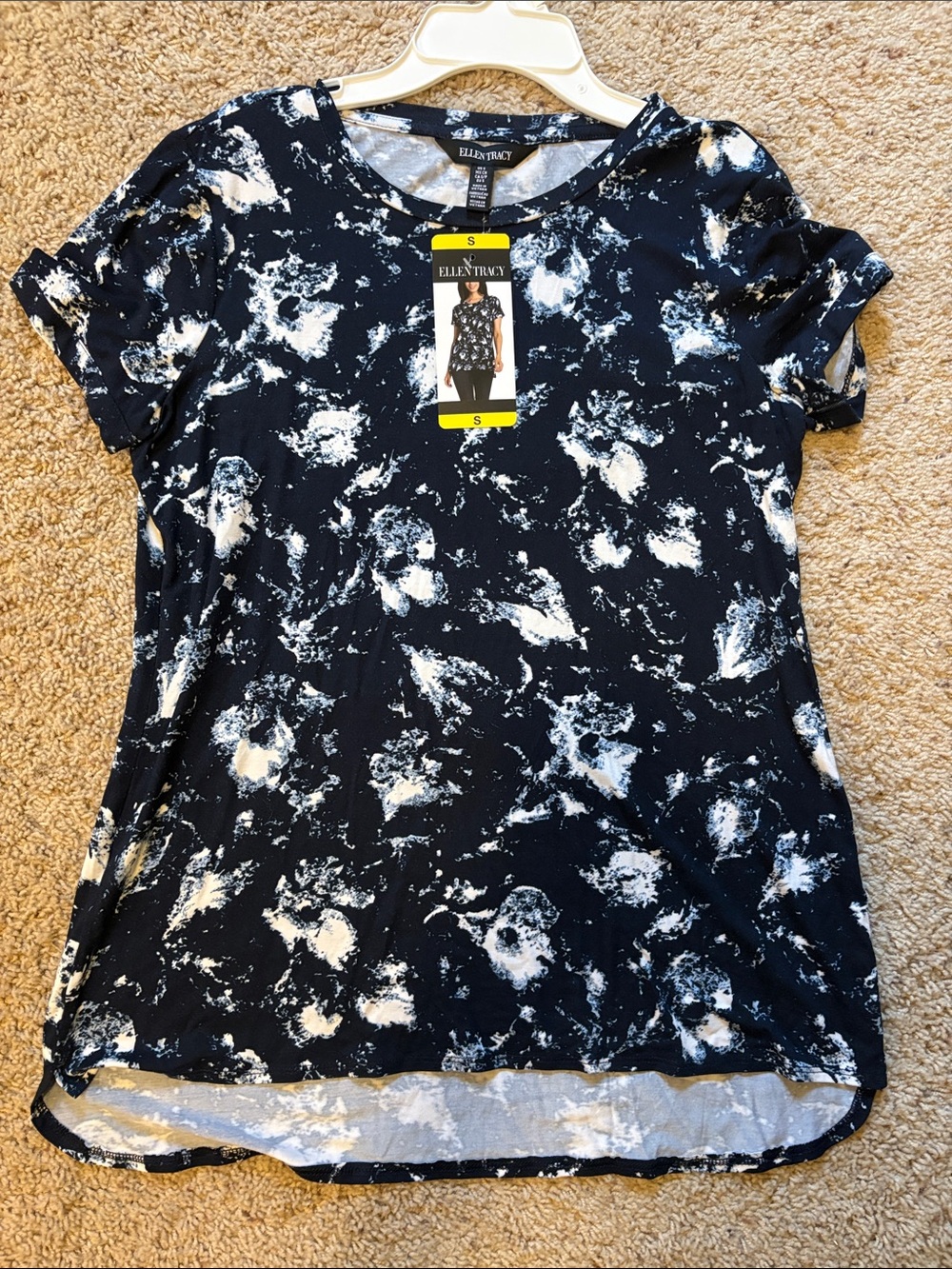 Ellen Tracy Black and White Abstract Print Short Sleeve Long Tee or Tunic NEW